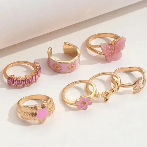 Gold and Pink Butterfly Ring Set - Picture 2 of 8